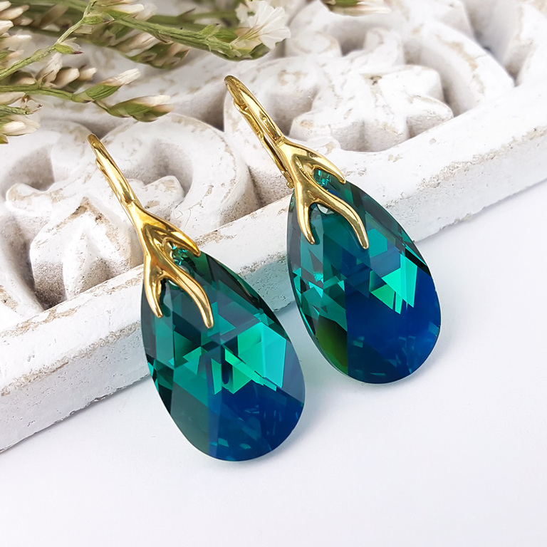 Złote kolczyki z kryształami swarovskiego emerald ab zielone