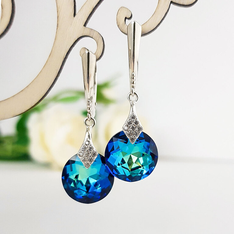 Srebrne wiszące kolczyki z kryształami swarovski bermuda blue niebieskie